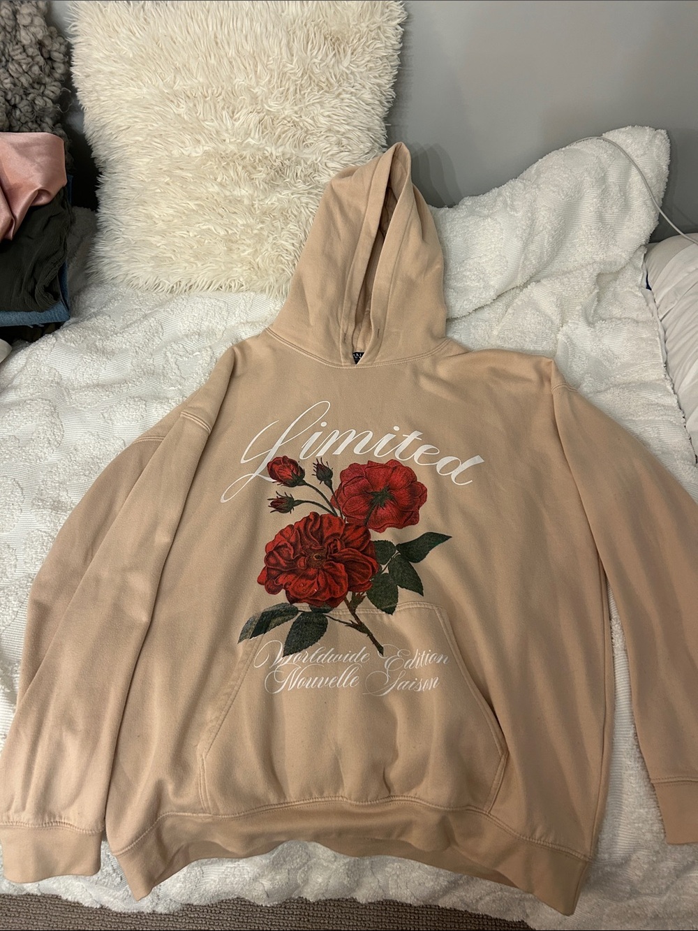 Boohoo Mens Beige Hoodie with Red Floral Print
